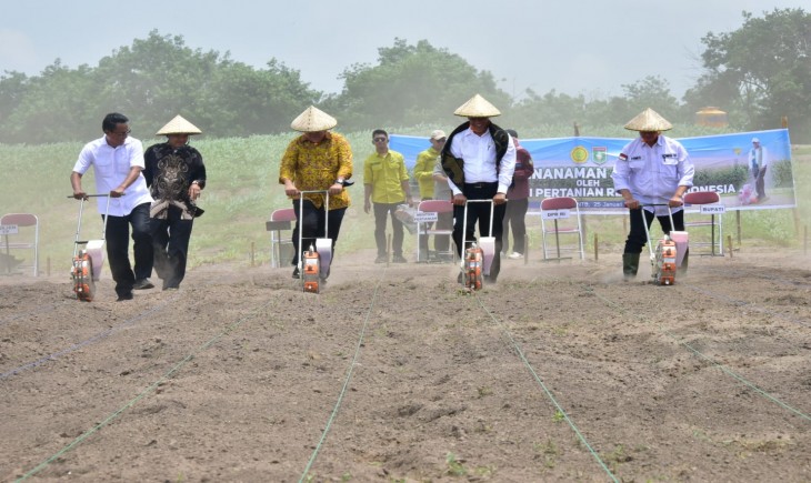 Mentan, Amran melakukan penanaman jagung sekaligus menyerahkan bantuan dan berdialog dengan petani di Desa Labuan, Kecamatan Labuan Badas, Kabupaten Sumbawa, NTB. (Foto: Dok. Kementan)
