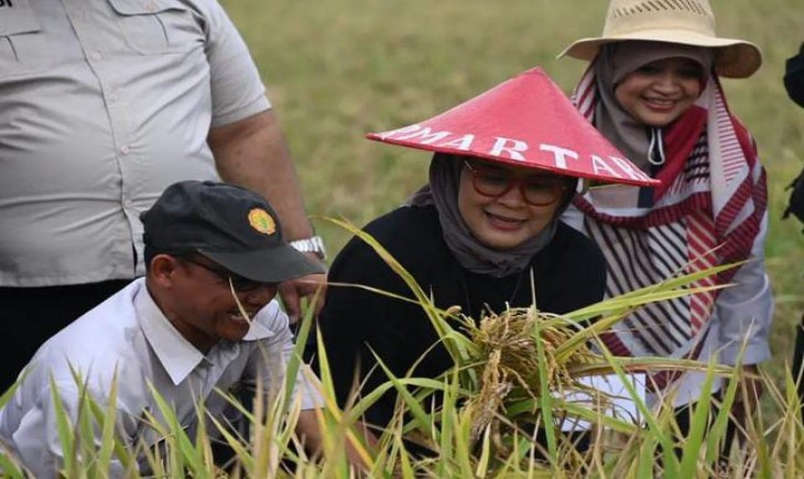 Bupati Indramayu Nina Agustina dalam kegiatan syukuran panen raya di Desa Putang, Kecamatan Lorasang (Dok: IG ninaagustina1708/DISKOMINFO INDRAMAYU)
