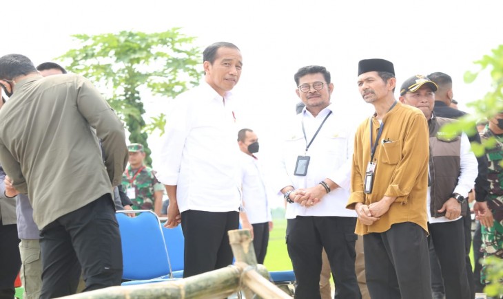 Foto : Presiden Jokowi didampingi Menteri Pertanian Syahrul Yasin Limpo melakukan tanam padi di Desa Senori, Kecamatan Merakurak, Kabupaten Tuban, Jawa Timur.