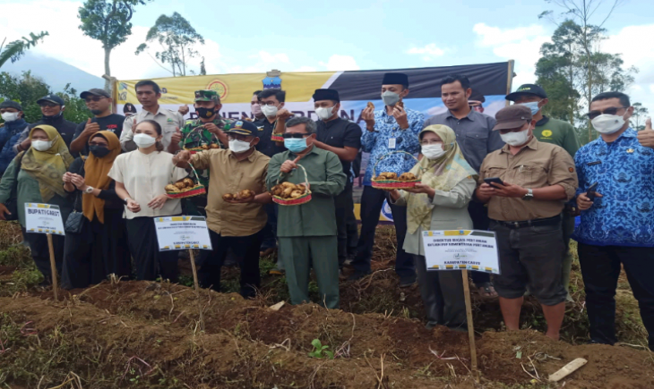 Foto : Bupati Garut bersama rombongan dari Kementan Melakukan Panen Perdana Perbenihan Kentang Sekaligus Meresmikan Jalan Usaha Tani di di Desa Sukawargi, Garut.