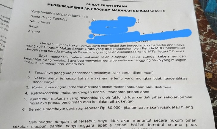 Surat pernyataan kontroversial Program MBG di MTs Negeri 2 Brebes. (Foto : tangkapan layar X @ubegebe1)