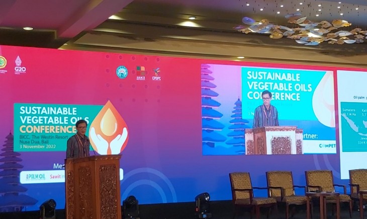 Foto : Baginda Siagian, selaku Plt. Direktur Pengolahan dan Pemasaran Hasil Perkebunan (PPHP) yang menjadi salah satu narasumber pada acara G20 Sustainable Vegetable Oils Conference di Bali (3/11).