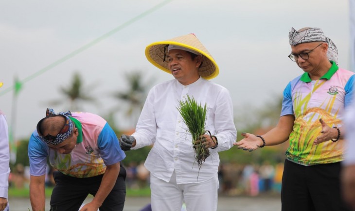 Gubernur Jabar Dedi Mulyadi menghadiri Kegiatan Seremonial Penanaman Bibit Padi Bersama Jaksa Agung dan Menteri Pertanian RI di Ds. Srimahi, Kec. Tambun Utara, Kab. Bekasi, (22/05/2025).(Foto : Gravinda - Biro Adpim Jabar)